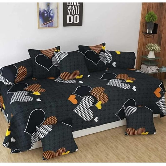 Glace Cotton Printed 8 Pieces Standard Diwan Set( 1 Single Bed diwan Sheet :2 Bolster Covers : 5 Cushion Covers)