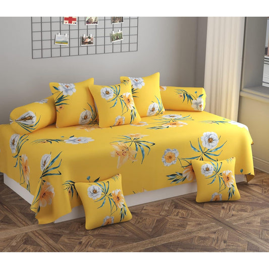 Microfibre Unique Patterns Diwan Set Covers Bedsheet, 2 Bolsters and 5 Cushion Covers (Yellow, Standard) -8 Pcs Set