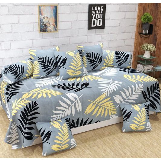 Polycotton Diwan Covers Set of 8 Pieces | 1Bedsheet 2Bolster Covers 5Cushion Covers | Ice Blue