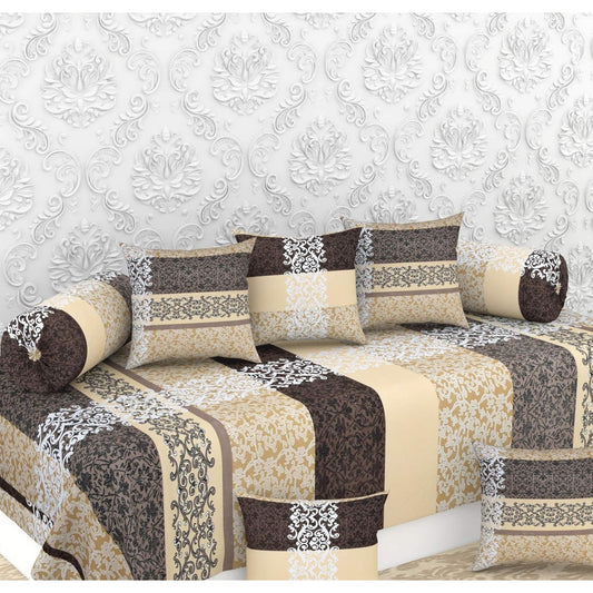 Damask Printed Microfiber Diwan Set 8 Pieces, 1 Single bedsheet, 5 Cushions Covers and 2 Bolster Covers - Cream