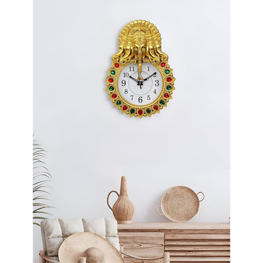 Ganeshji Modern Antique Wall Clock Plastic & Glass for Home Decor Stylish Decorative Round Wall Clock Plastic & Glass for Living Room, Bedroom, Kitchen & Office (Gold)-5face