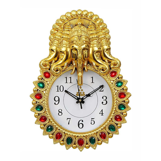 Ganeshji Modern Antique Wall Clock Plastic & Glass for Home Decor Stylish Decorative Round Wall Clock Plastic & Glass for Living Room, Bedroom, Kitchen & Office (Gold)-5face