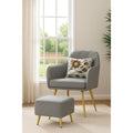 Premium Velvet Accent Chair with Matching Pouffe | Modern Upholstered Armchair with Heavy Gold Metal Legs | Multicolour Option Available Grey