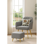 Premium Velvet Accent Chair with Matching Pouffe | Modern Upholstered Armchair with Heavy Gold Metal Legs | Multicolour Option Available Grey