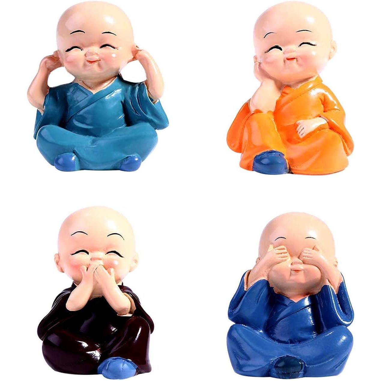Bring Happiness & Positive Energy Home | Set of 4 Laughing Monks Statue, Feng Shui Laughing Buddha Idols for Good Luck, Prosperity & Peace