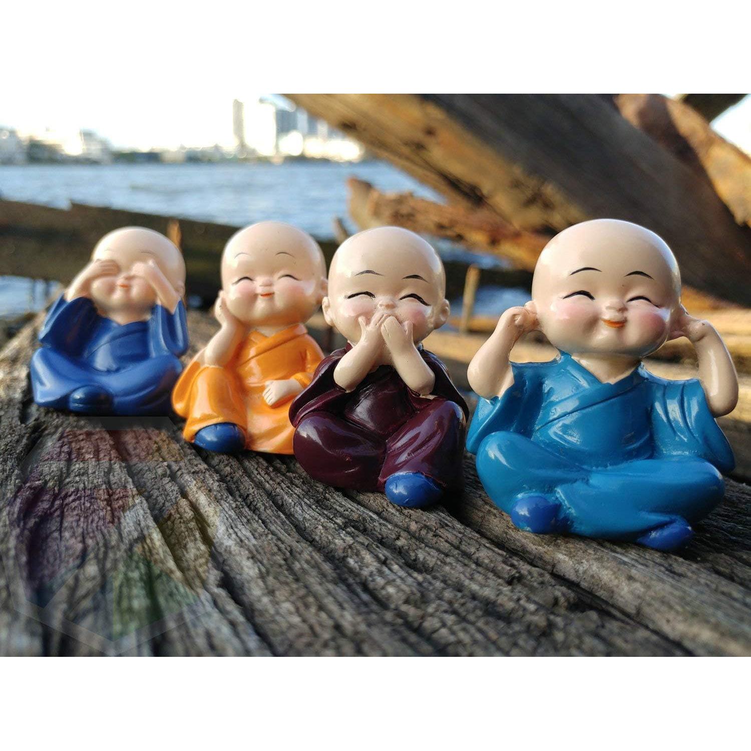 Bring Happiness & Positive Energy Home | Set of 4 Laughing Monks Statue, Feng Shui Laughing Buddha Idols for Good Luck, Prosperity & Peace