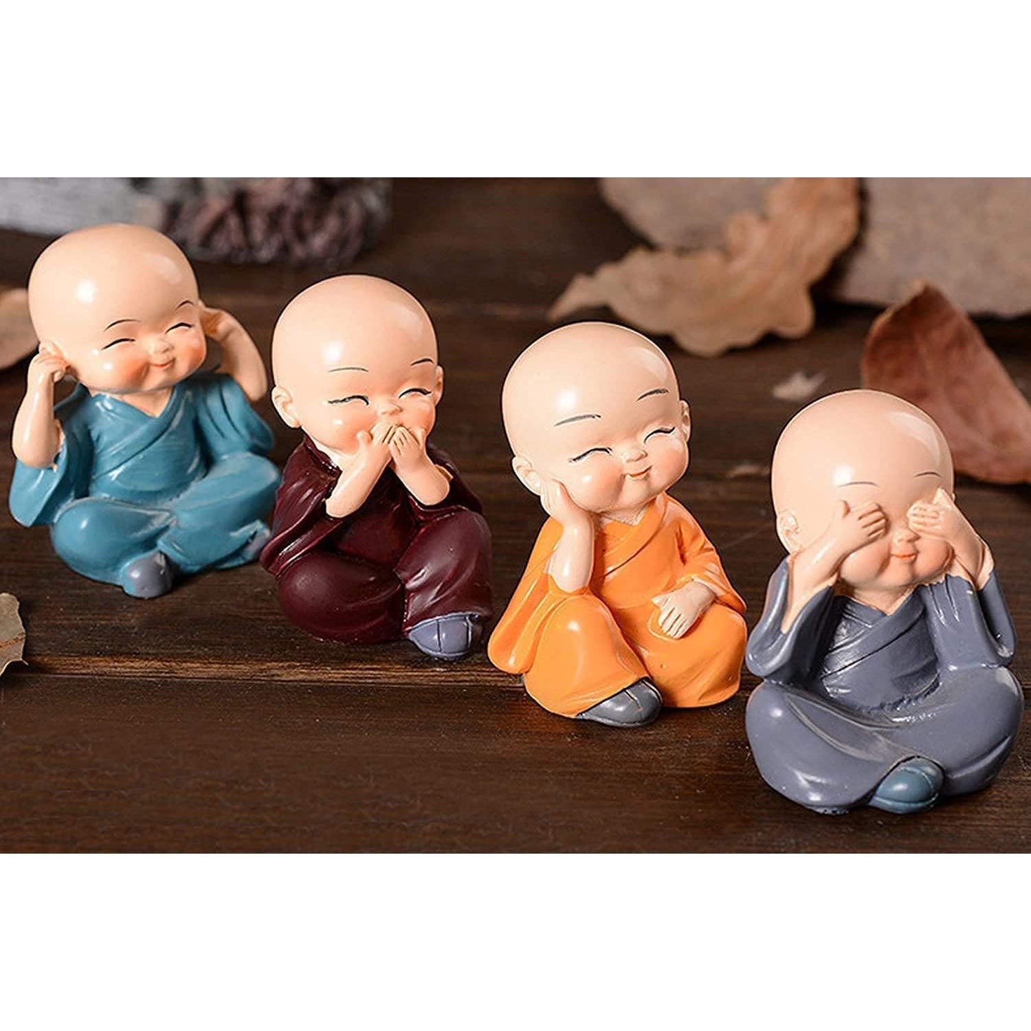 Bring Happiness & Positive Energy Home | Set of 4 Laughing Monks Statue, Feng Shui Laughing Buddha Idols for Good Luck, Prosperity & Peace
