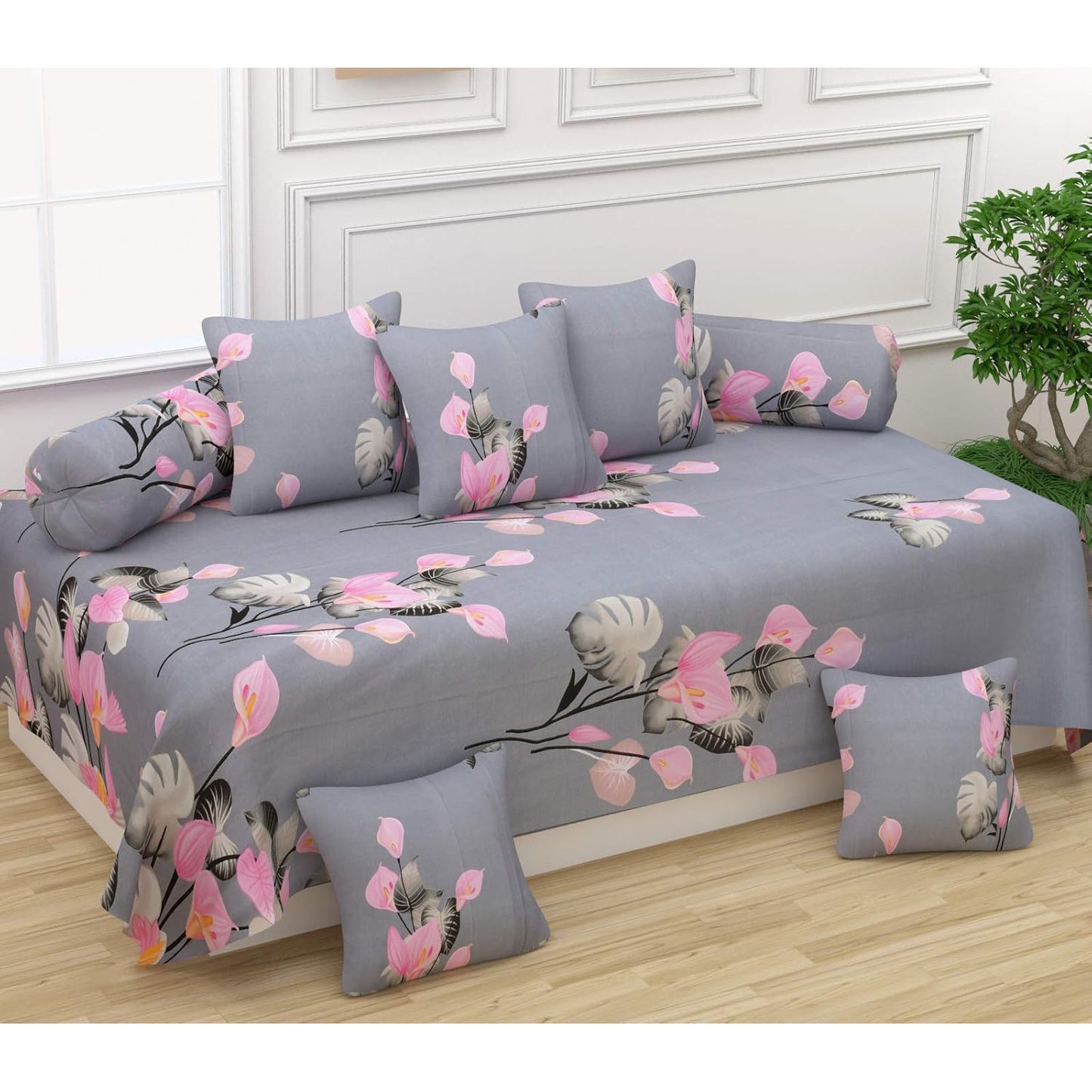 Uper Soft Glace Cotton Diwan Set(1 Diwan Sheet, 2 Bolster Covers and 5 Cushion Covers)(Grey)