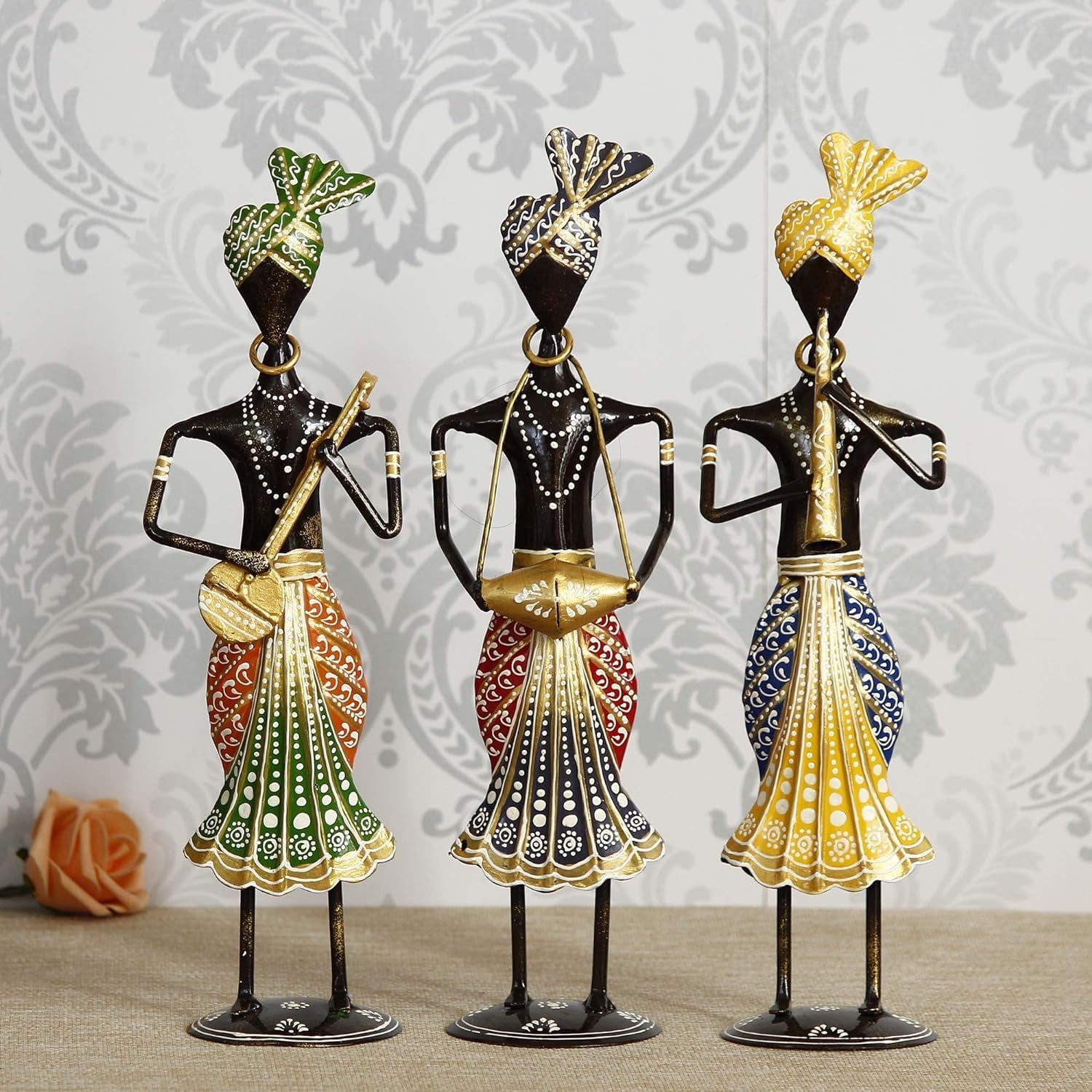 Rajasthani Tribal Metal Musician Showpiece Set of 3 – Iron Handicraft Decorative Statues for Home & Office