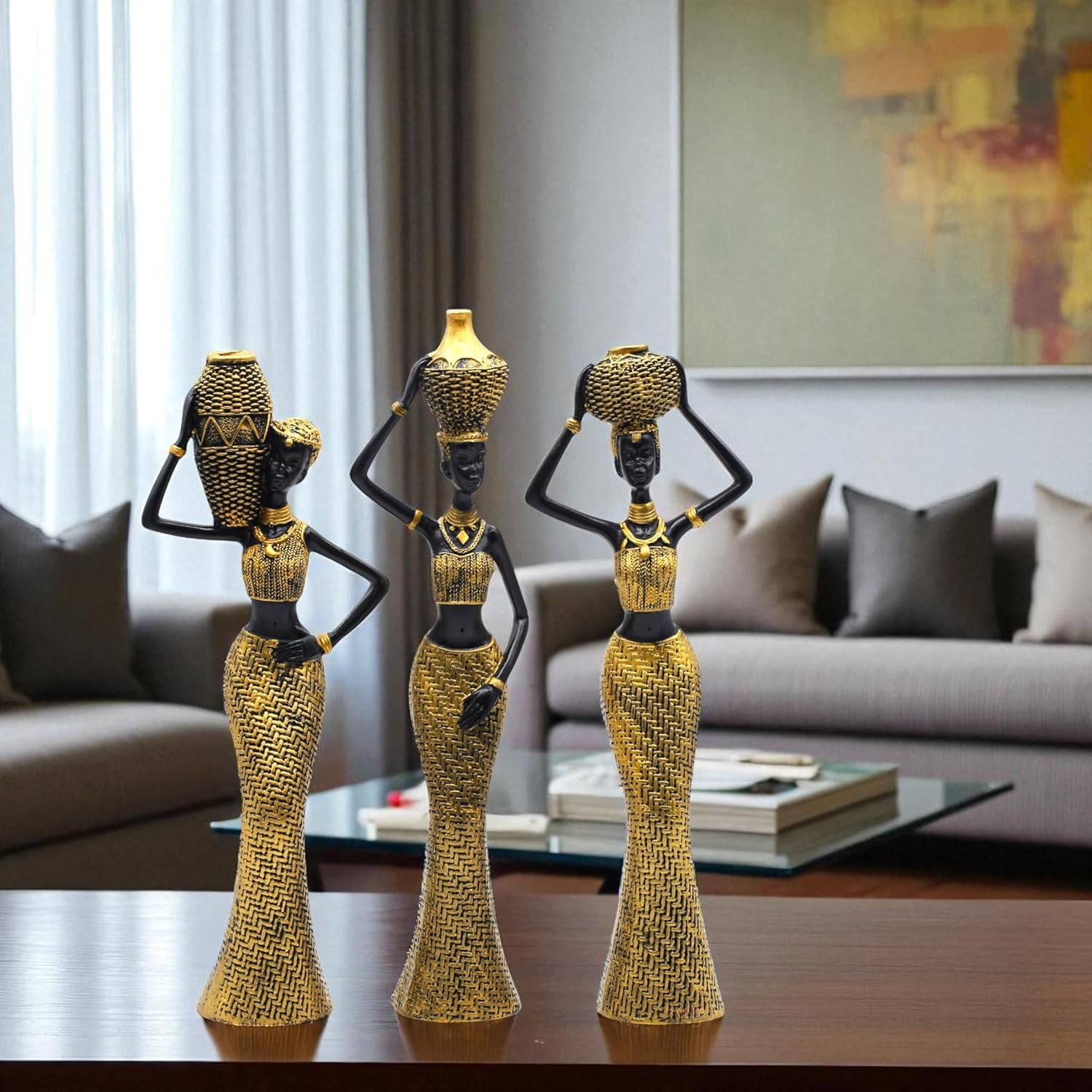 African Tribal Figurine Set – Premium Resin Decorative Statues with Vibrant Cultural Design (Set of 3)