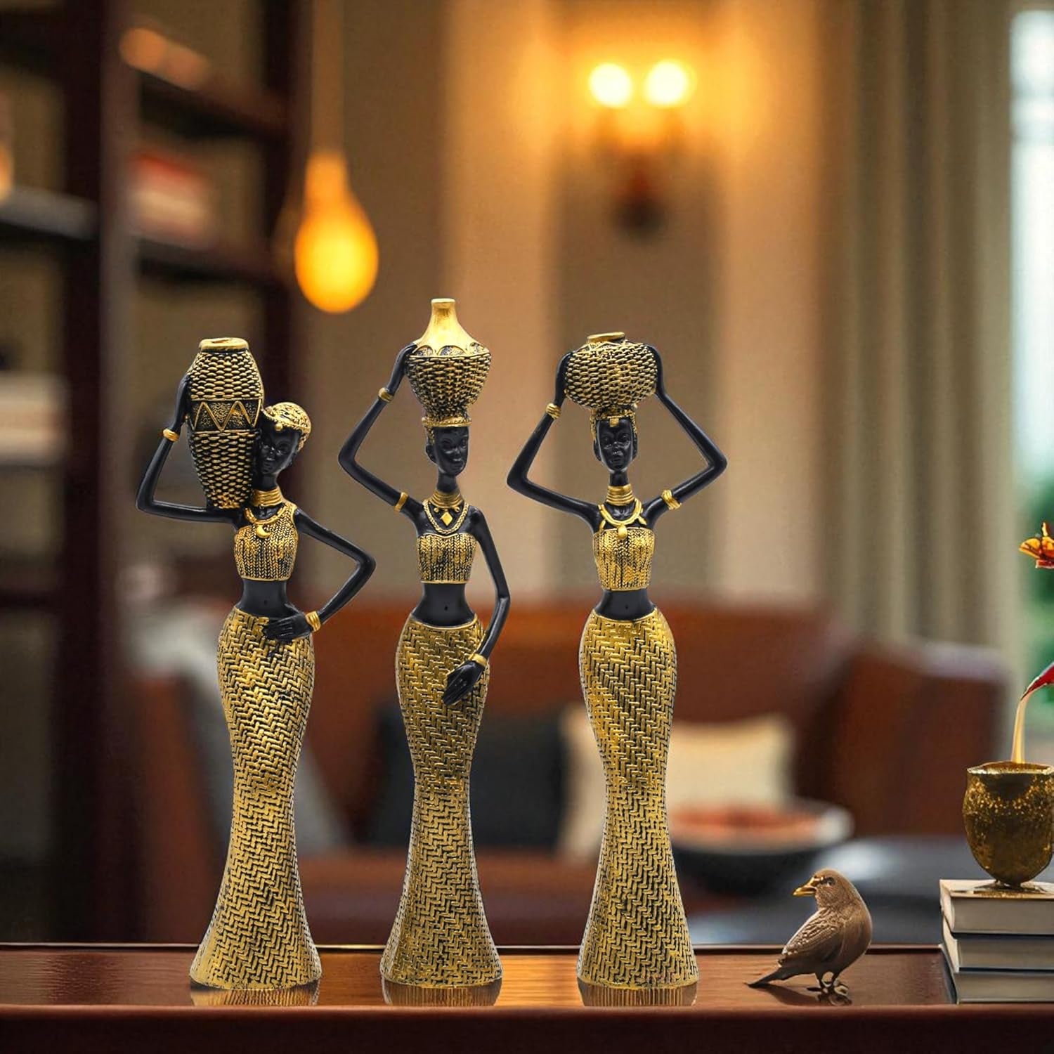 African Tribal Figurine Set – Premium Resin Decorative Statues with Vibrant Cultural Design (Set of 3)