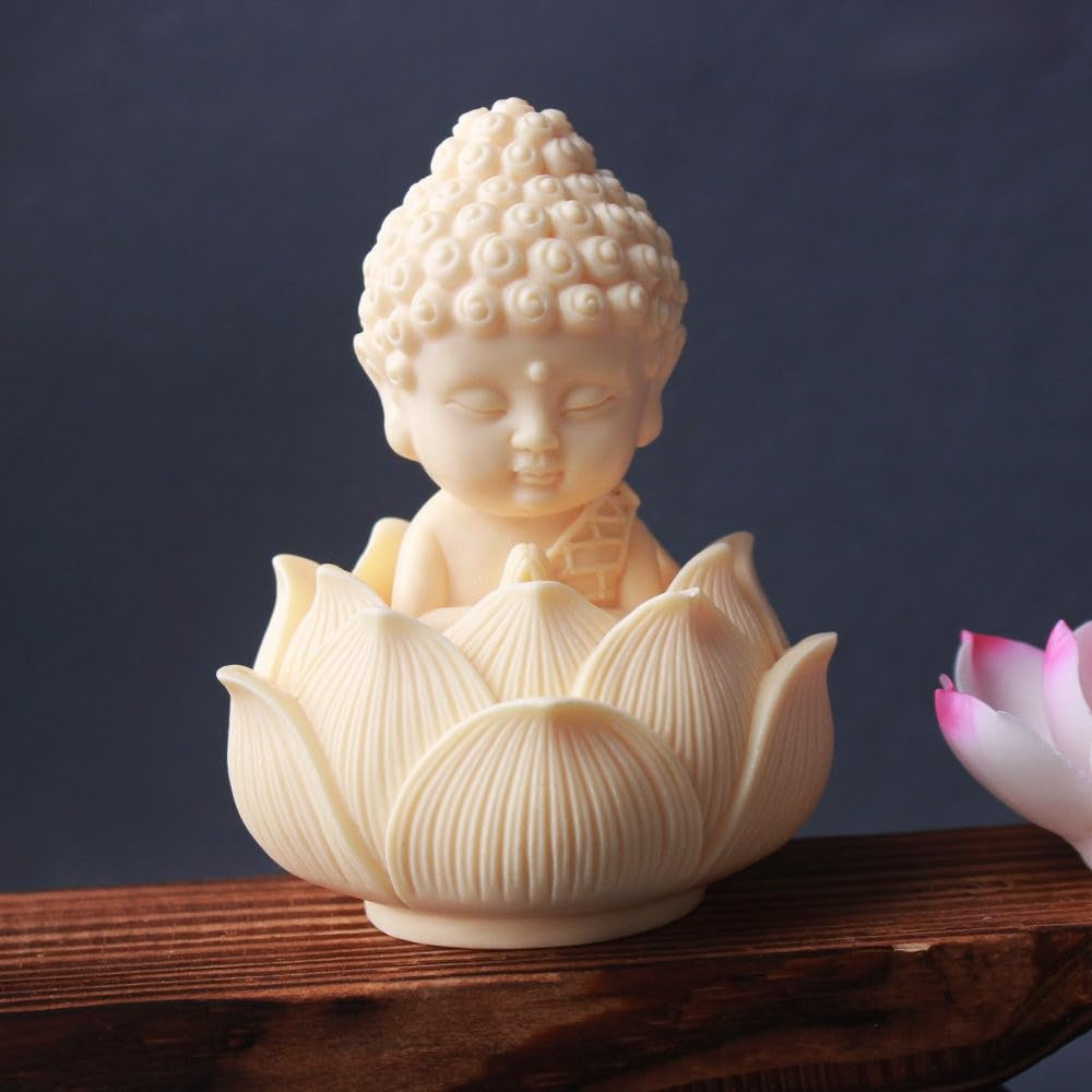 Baby Buddha with Lotus Base in Meditation Figure – White with Golden Border Spiritual Showpiece