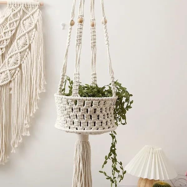 Boho Macrame Plant Hanger with Tassel – Indoor Wall Plant Holder for Home Garden Décor & Plant Lover Gifts