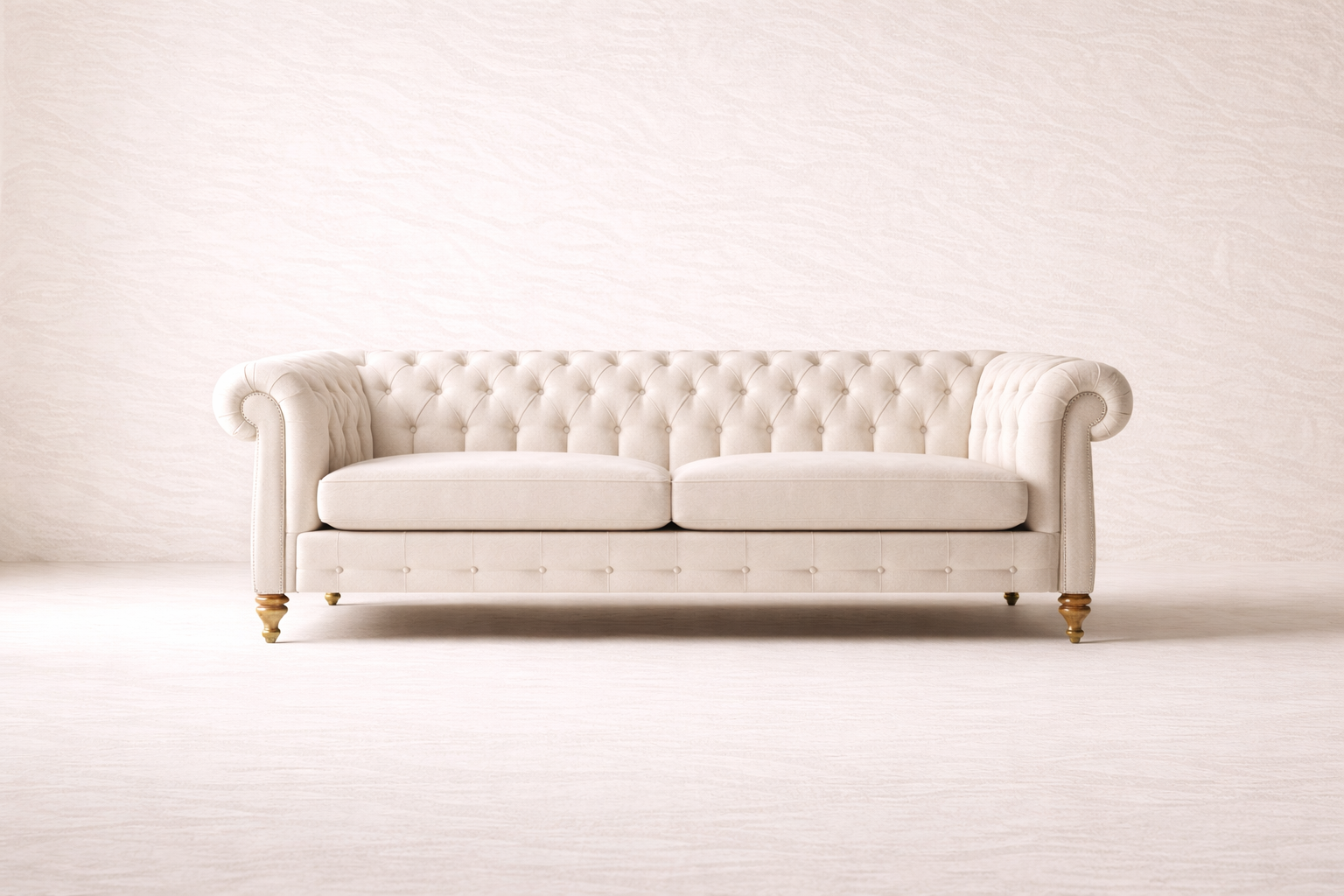 Luxury Cream Chesterfield Sofa with Deep Button Tufting & Solid Wooden Legs