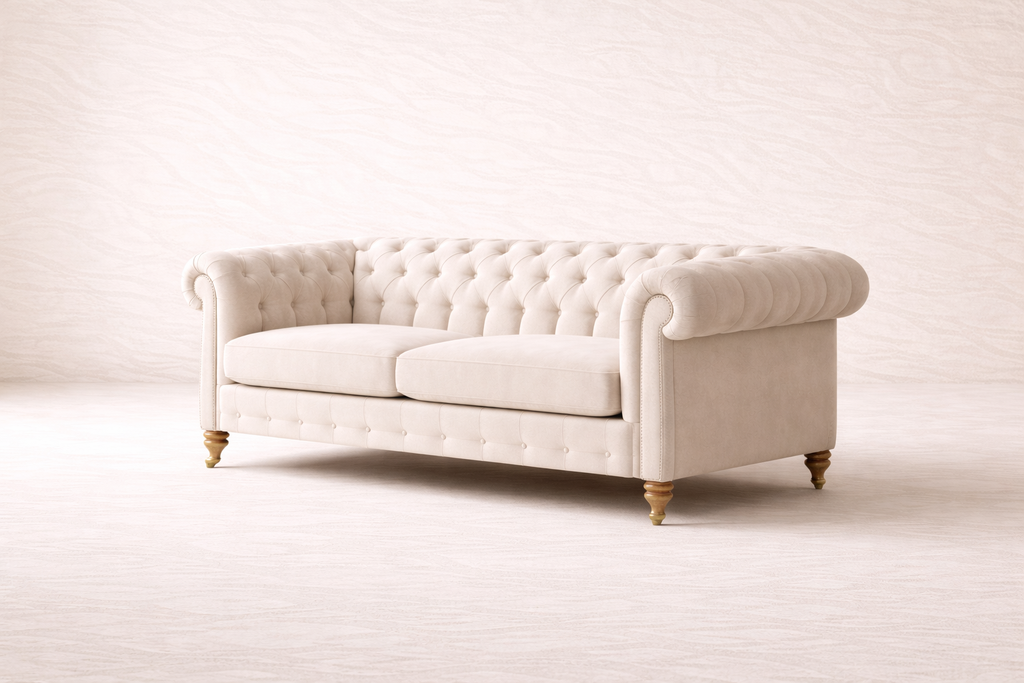 Luxury Cream Chesterfield Sofa with Deep Button Tufting & Solid Wooden Legs
