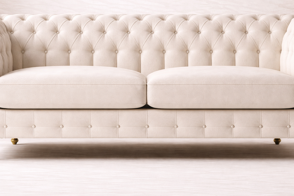 Luxury Cream Chesterfield Sofa with Deep Button Tufting & Solid Wooden Legs