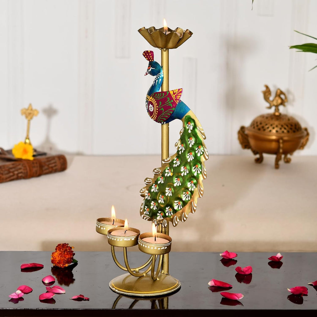 Elegant Metal Peacock Tealight Candle Holders Set of 2 – Handpainted Iron Diwali Home Décor with Intricate Indian Design