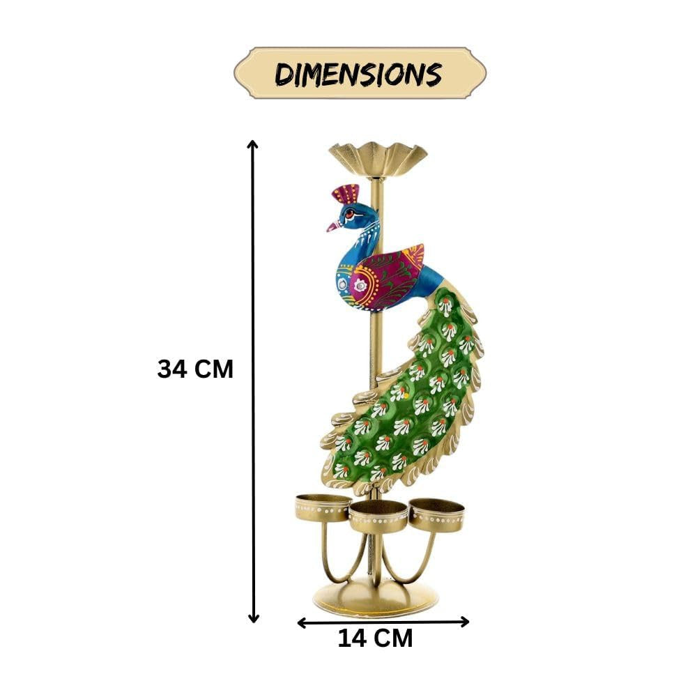 Elegant Metal Peacock Tealight Candle Holders Set of 2 – Handpainted Iron Diwali Home Décor with Intricate Indian Design