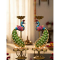 Elegant Metal Peacock Tealight Candle Holders Set of 2 – Handpainted Iron Diwali Home Décor with Intricate Indian Design