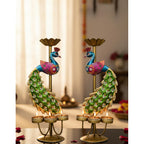 Elegant Metal Peacock Tealight Candle Holders Set of 2 – Handpainted Iron Diwali Home Décor with Intricate Indian Design
