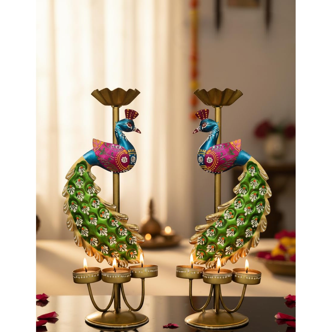 Elegant Metal Peacock Tealight Candle Holders Set of 2 – Handpainted Iron Diwali Home Décor with Intricate Indian Design
