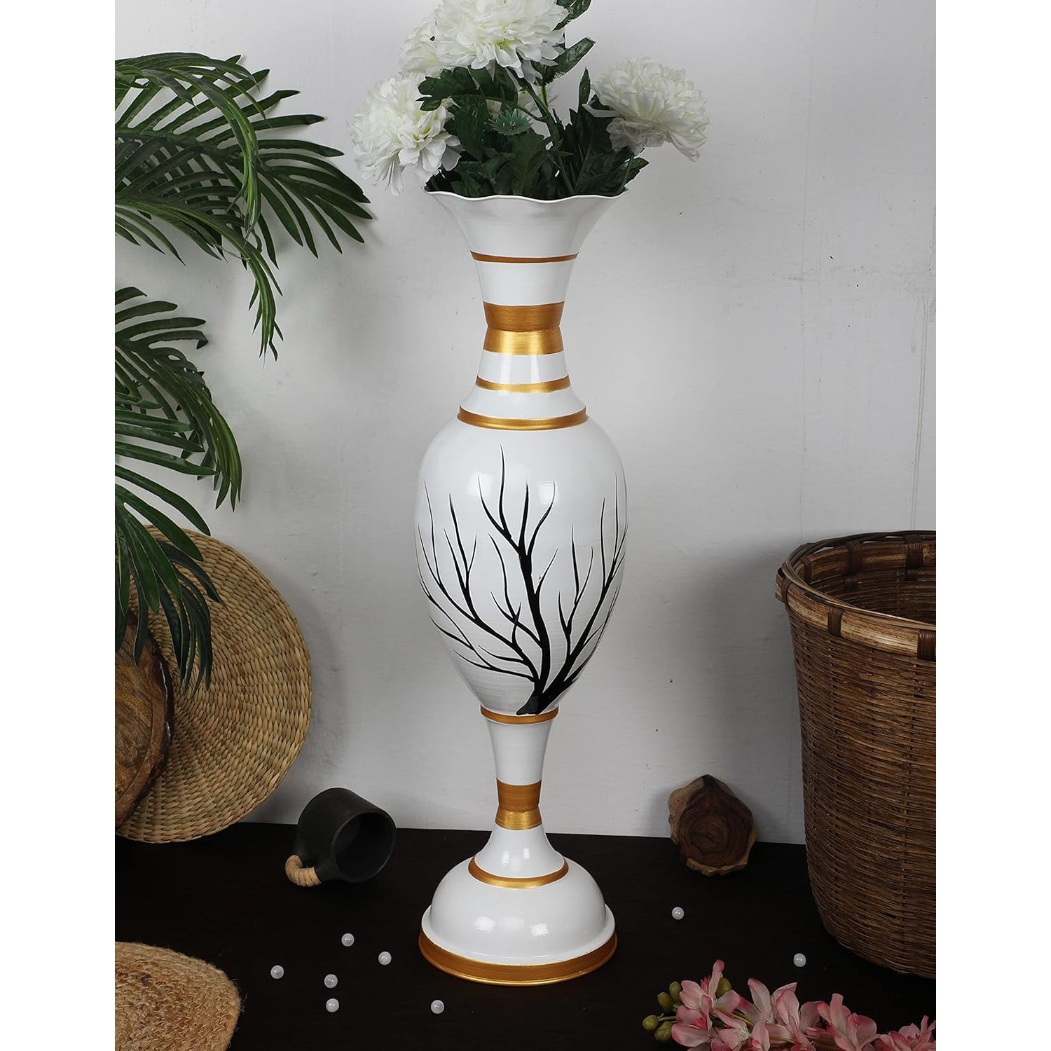 Flower Vase Big Size for Living Room Corner – 25-Inch Multicolor Handmade Iron Decorative Centerpiece White