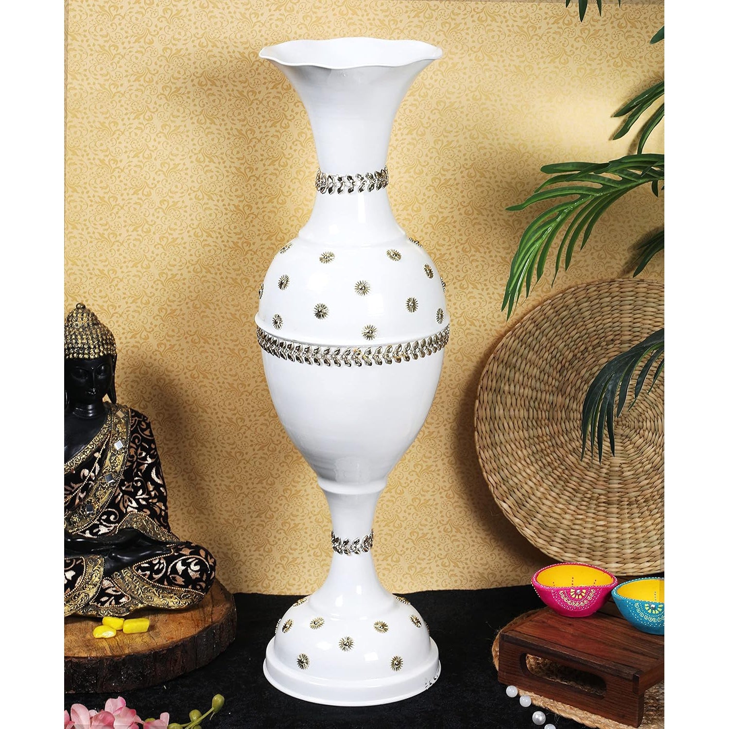 Flower Vase Big Size for Living Room Corner – 25-Inch Multicolor Handmade Iron Decorative Centerpiece White