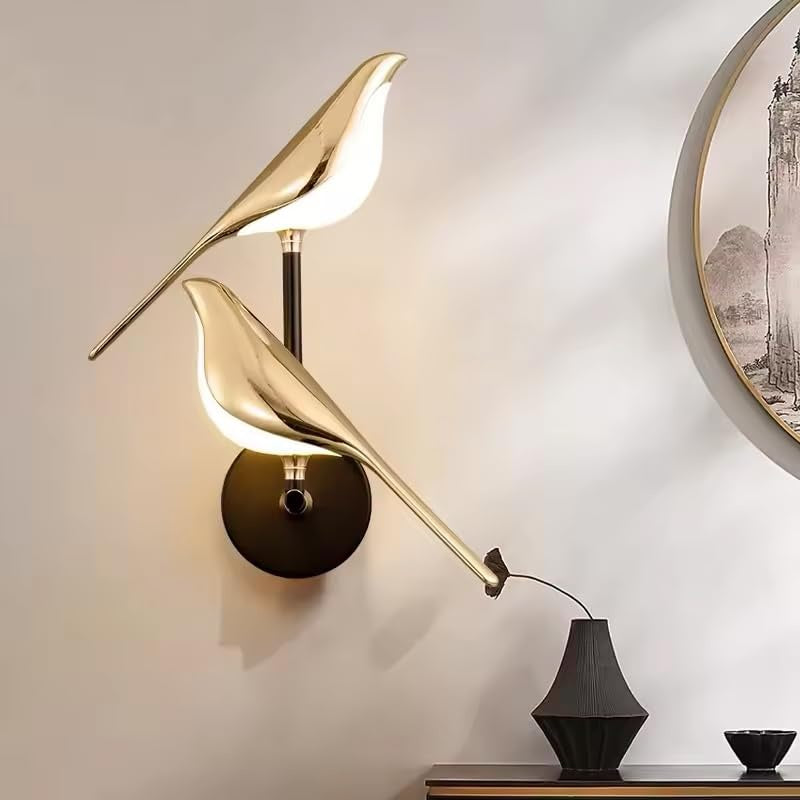 Golden Metal Bird Wall Light, Modern Decorative Wall Lamp for Living Room & Bedroom, Wooden Sparrow Design Wall Sconce