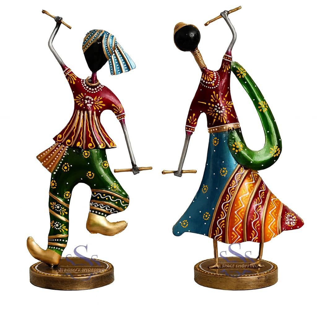 Handcrafted Metal Garba Couple Showpiece – Rajasthani Dandiya Dance Figurine for Traditional Home Table Decor