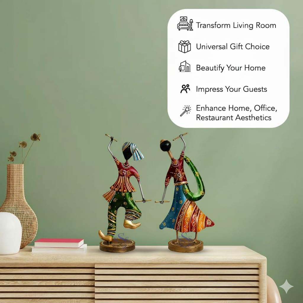 Handcrafted Metal Garba Couple Showpiece – Rajasthani Dandiya Dance Figurine for Traditional Home Table Decor