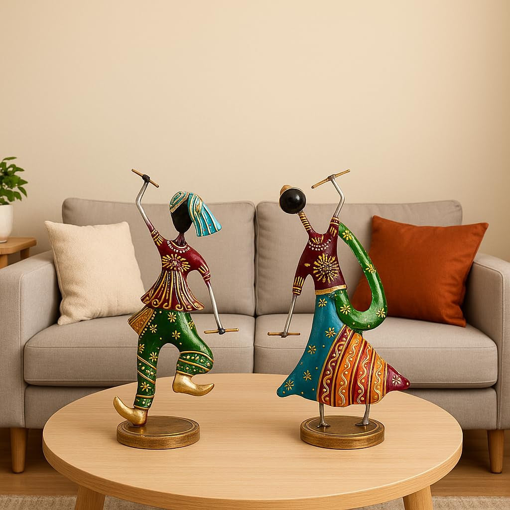 Handcrafted Metal Garba Couple Showpiece – Rajasthani Dandiya Dance Figurine for Traditional Home Table Decor