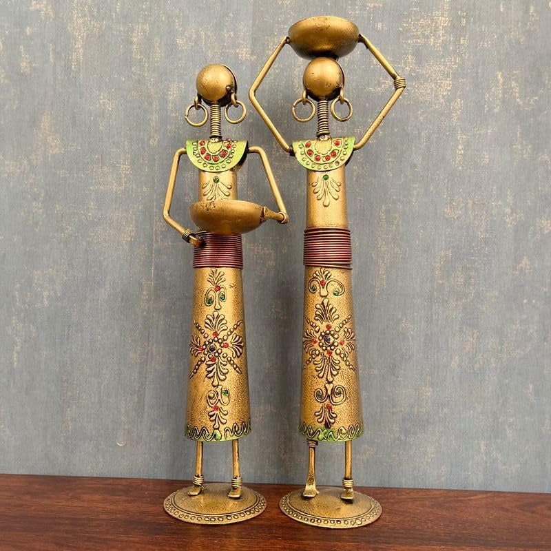 Labour Lady Antique T-Lite Candle Holders Set of 2 – Handcrafted Metal Rustic & Ethnic Home Décor from Rajasthan