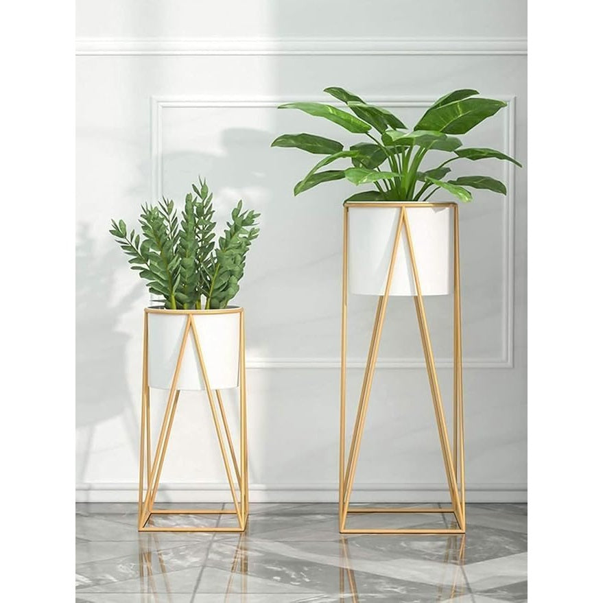 Metal Floor Flower Stands – Tall Indoor Planter Stand with Pot for Living Room & Bedroom (Set of 2, White)