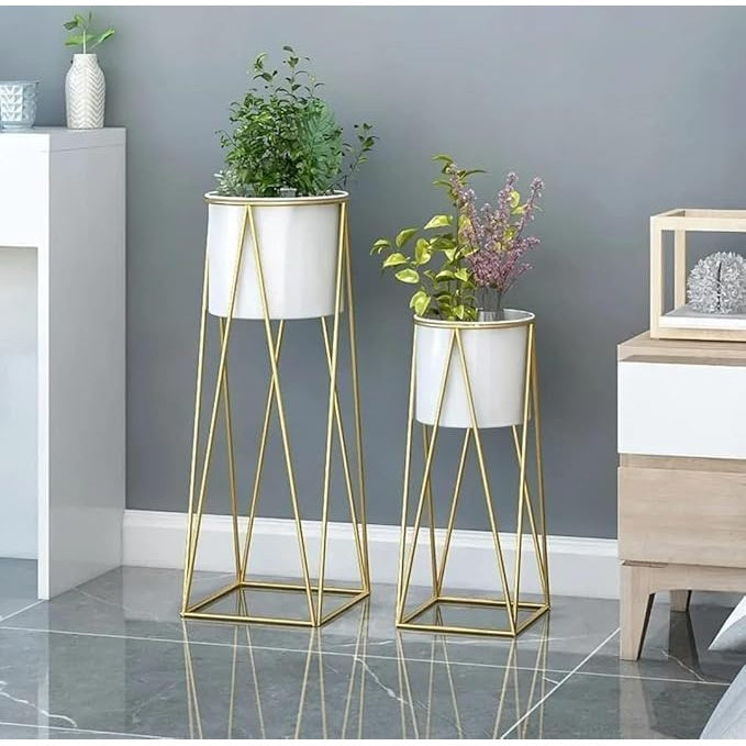 Metal Floor Flower Stands – Tall Indoor Planter Stand with Pot for Living Room & Bedroom (Set of 2, White)