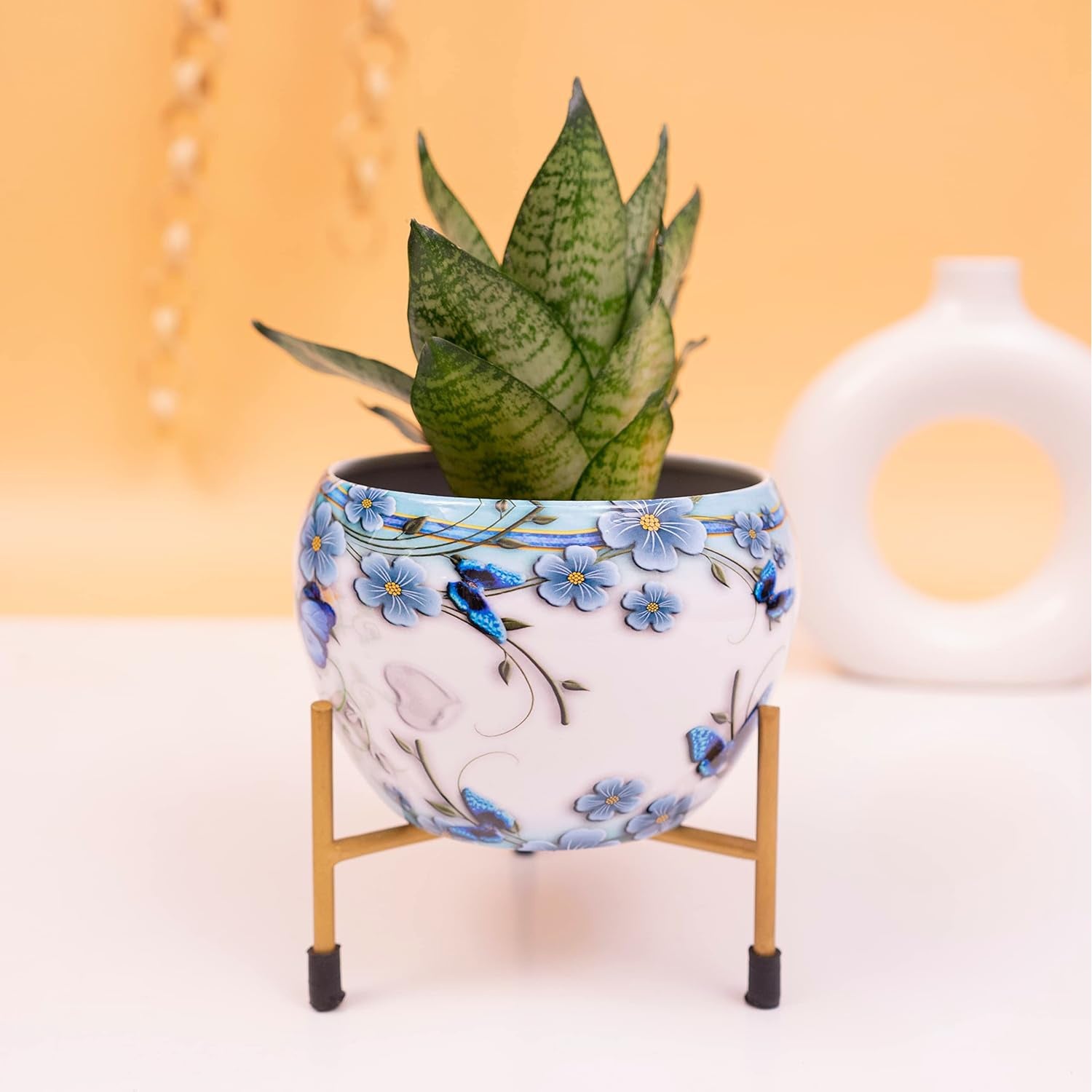 Metal Flower Pot with Stand – Powder-Coated Indoor Tabletop Planter for Home & Dining Table Decor (Multi-Color) White