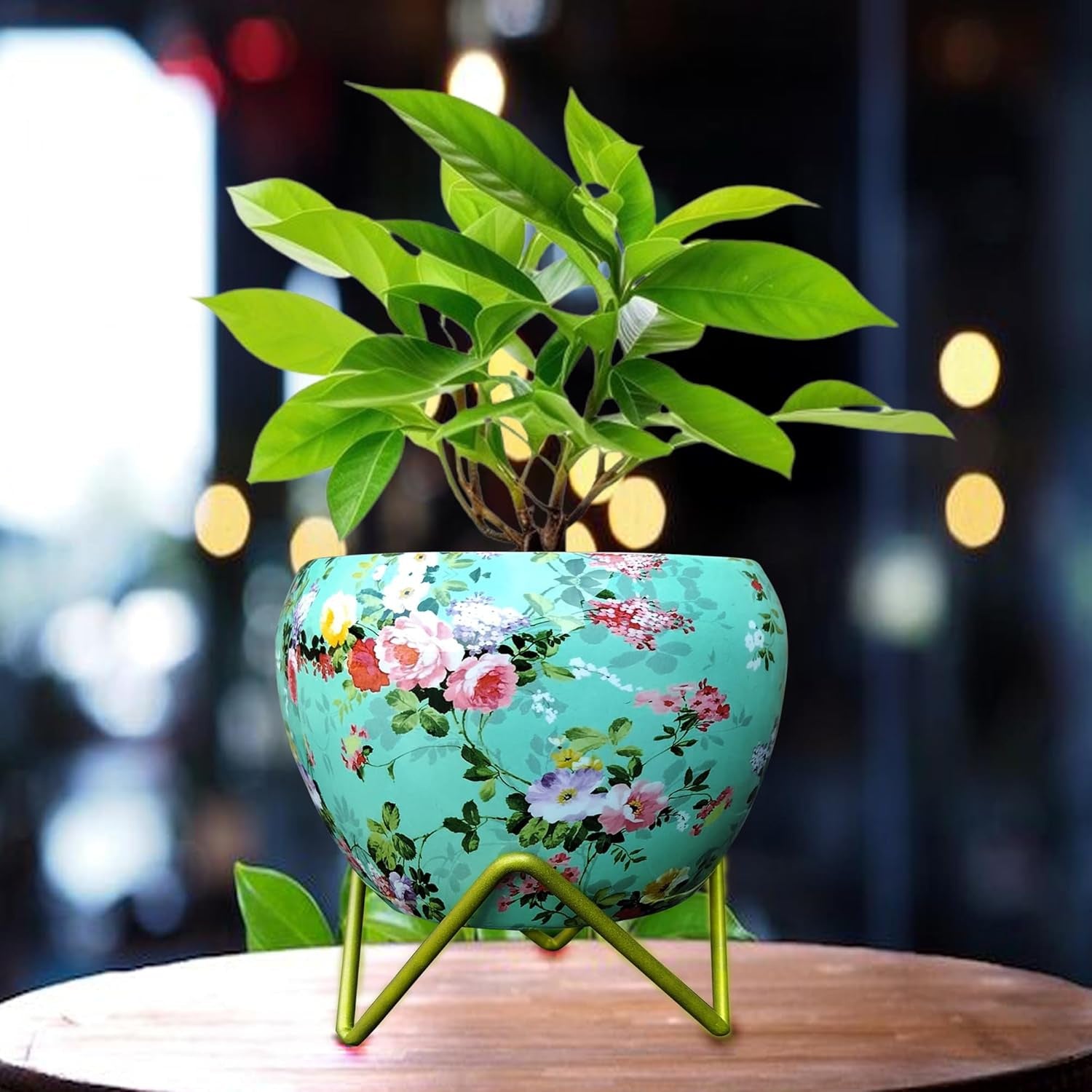 Metal Flower Pot with Stand – Powder-Coated Indoor Tabletop Planter for Home & Dining Table Decor (Multi-Color) light green