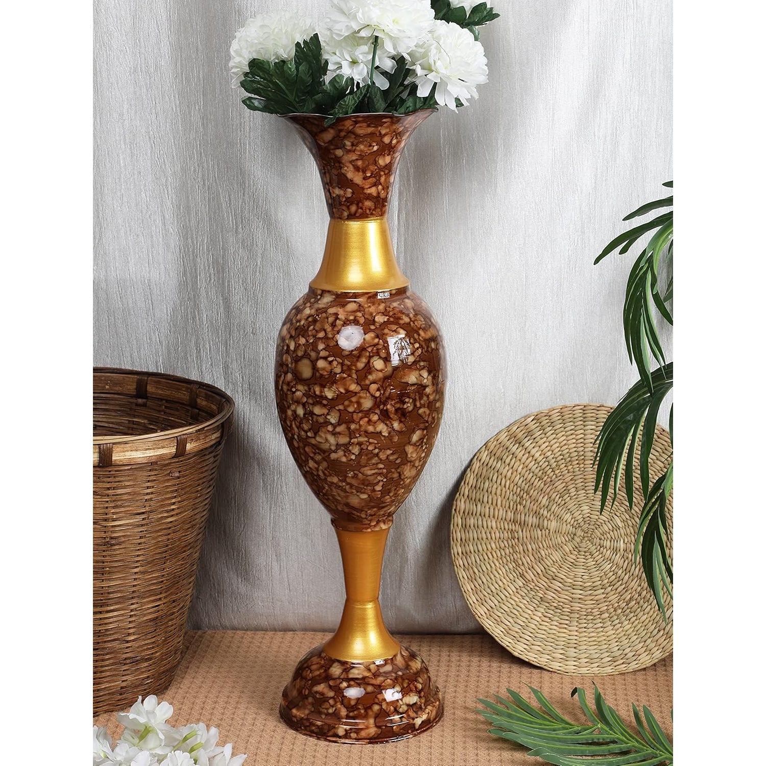 Metal Flower Vase for Living Room Corner | Tall Decorative Iron Pot for Home Décor | Large Floor Vase for Hall, Office & Corner Decoration Brown