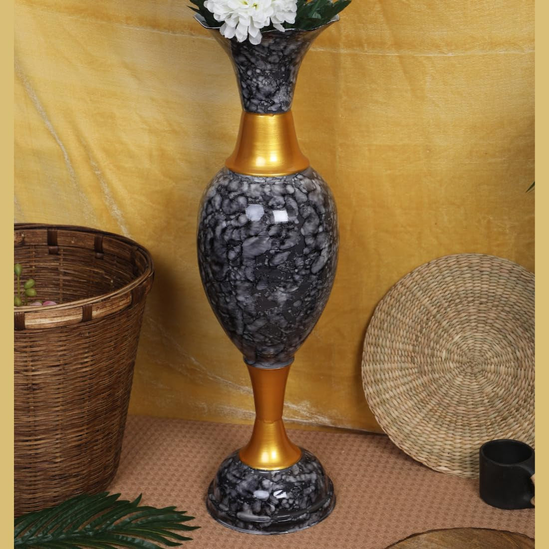 Metal Flower Vase for Living Room Corner | Tall Decorative Iron Pot for Home Décor | Large Floor Vase for Hall, Office & Corner Decoration Black