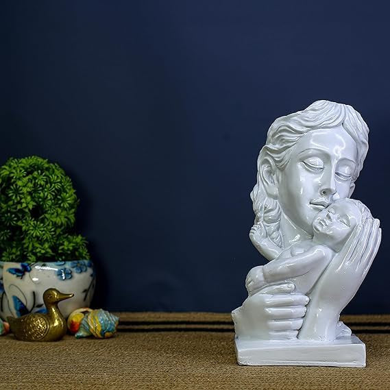 Mother and Child Decorative Statue – White Resin Handmade Sculpture