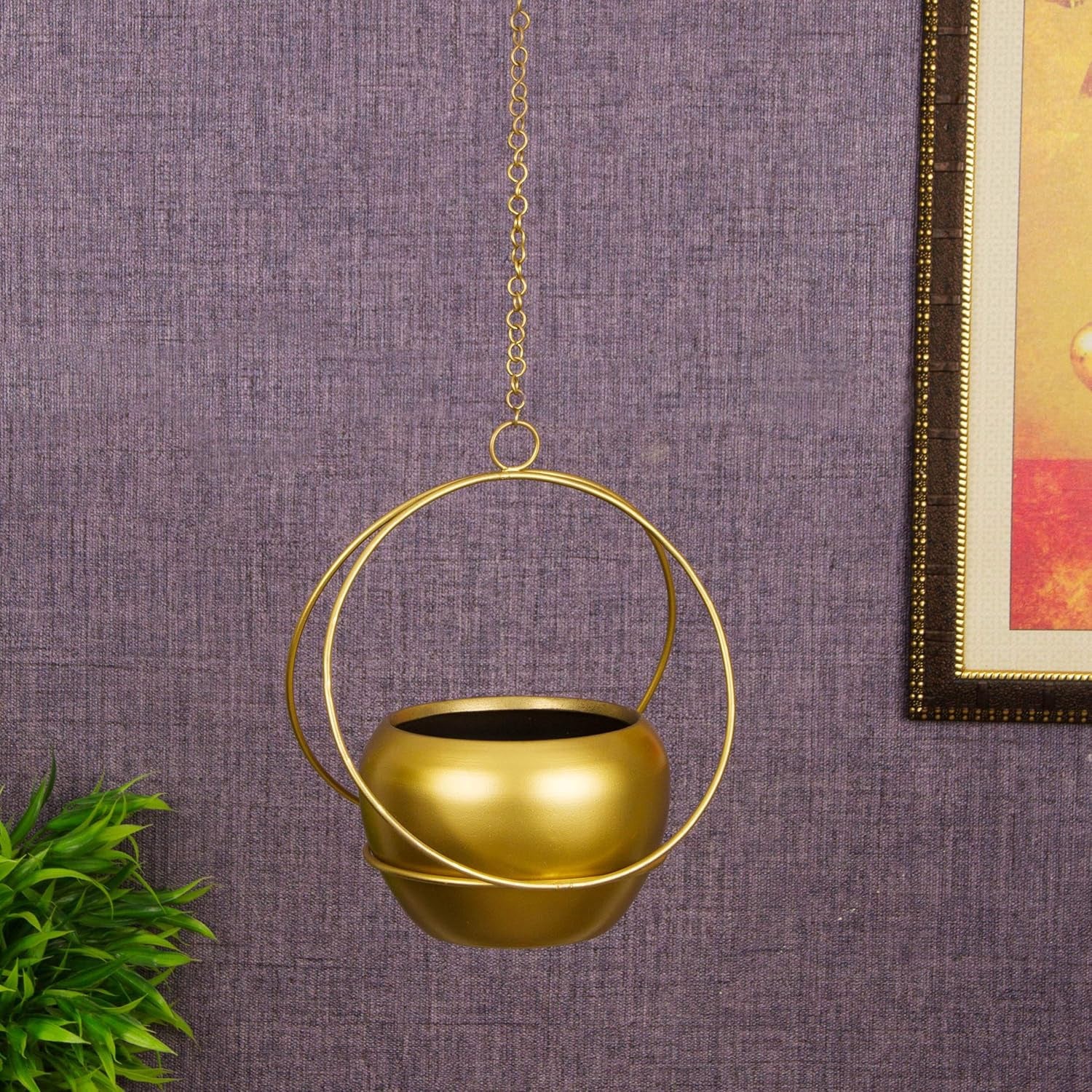 Wall & Ceiling Hanging Metal Planter – Brass Finish Indoor Living Room, Balcony & Patio Decoration