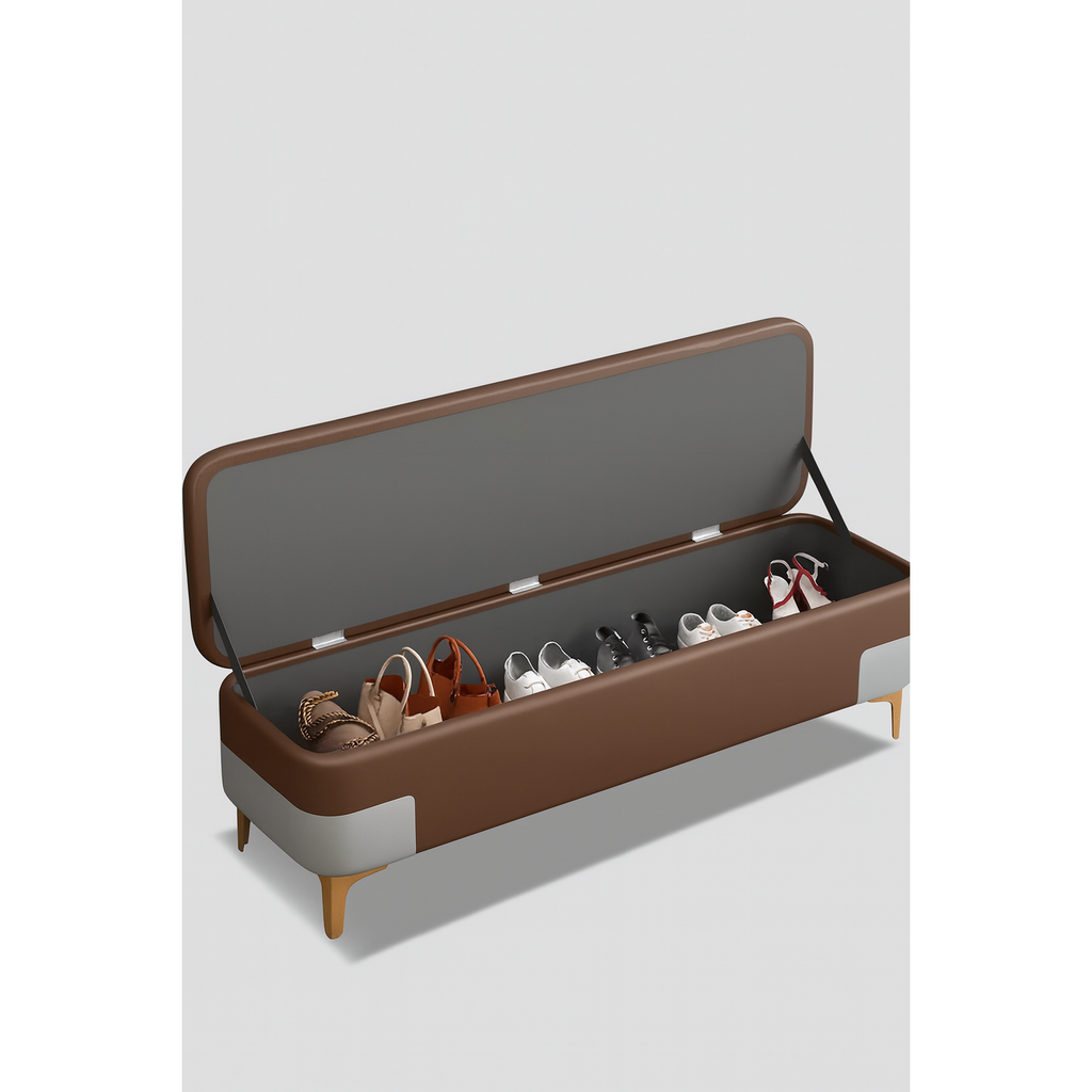 Modern Faux Leather Storage Bench with Gold Metal Legs | Upholstered Ottoman for Living Room & Bedroom
